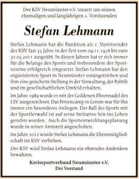 Der Kreissportverband Neumünster trauert um Stefan Lehmann