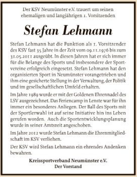 Der Kreissportverband Neumünster trauert um Stefan Lehmann